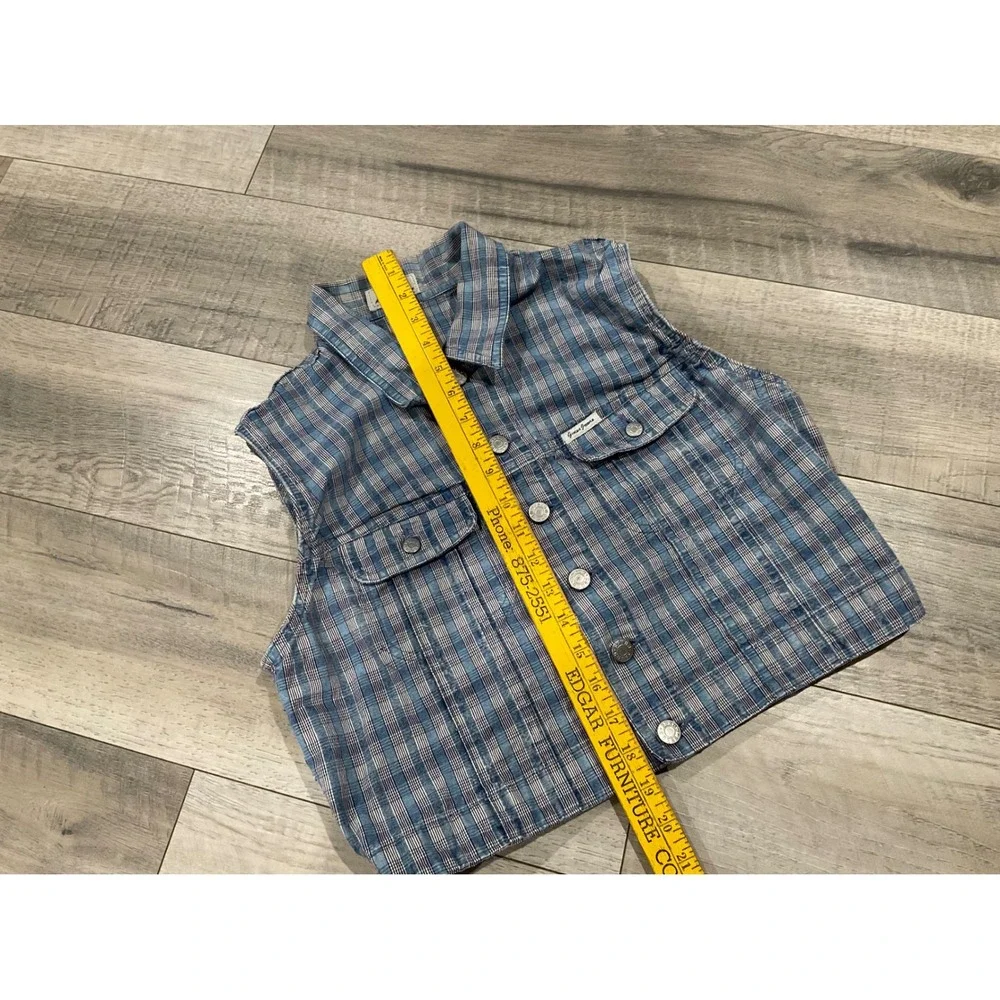 Vintage Guess Jeans Plaid Sleeveless Vest Blue White Cropped XL USA Made